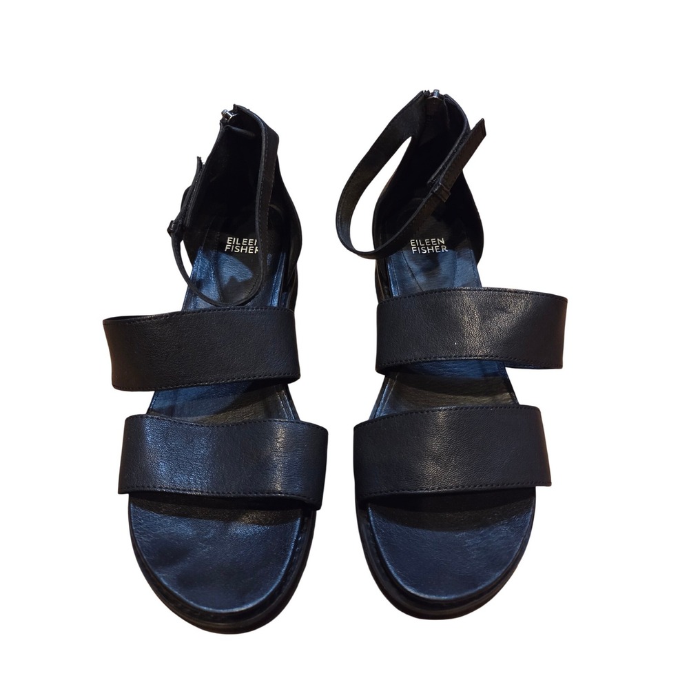 Eileen Fisher Black Leather "KENO" Platform Sandals Back Zip Ankle Strap Sz 10